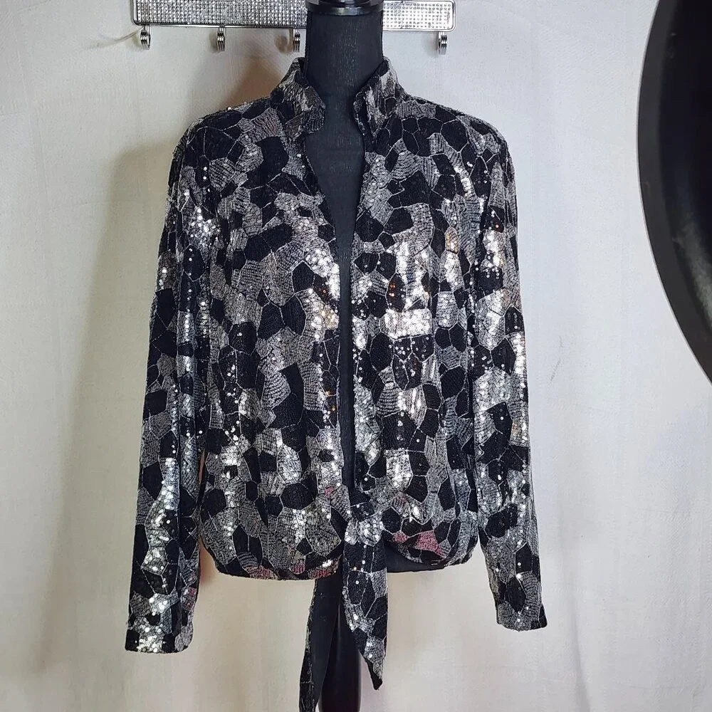 Chico's Black Silver Sequin Twilight Dazzle Tropez Poly Jacket Sz Chico 3 US XL - Picture 1 of 16
